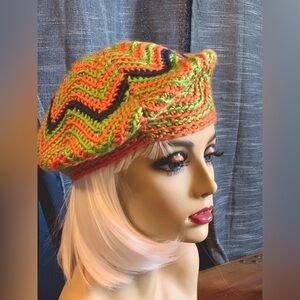 Handmade Unisex Knit Crochet Beret Hat Teen Adult OS Green Orange Chevron